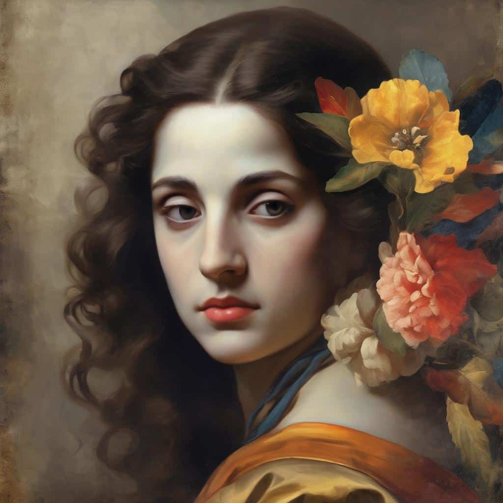 Κάλλος νεαρής γυναίκας με λουλούδια στα μαλλιά, εμπνευσμένο από την τέχνη της Αναγέννησης και τη σύγχρονη τέχνη, με έμφαση στη λεπτομέρεια και τα χρώματα.