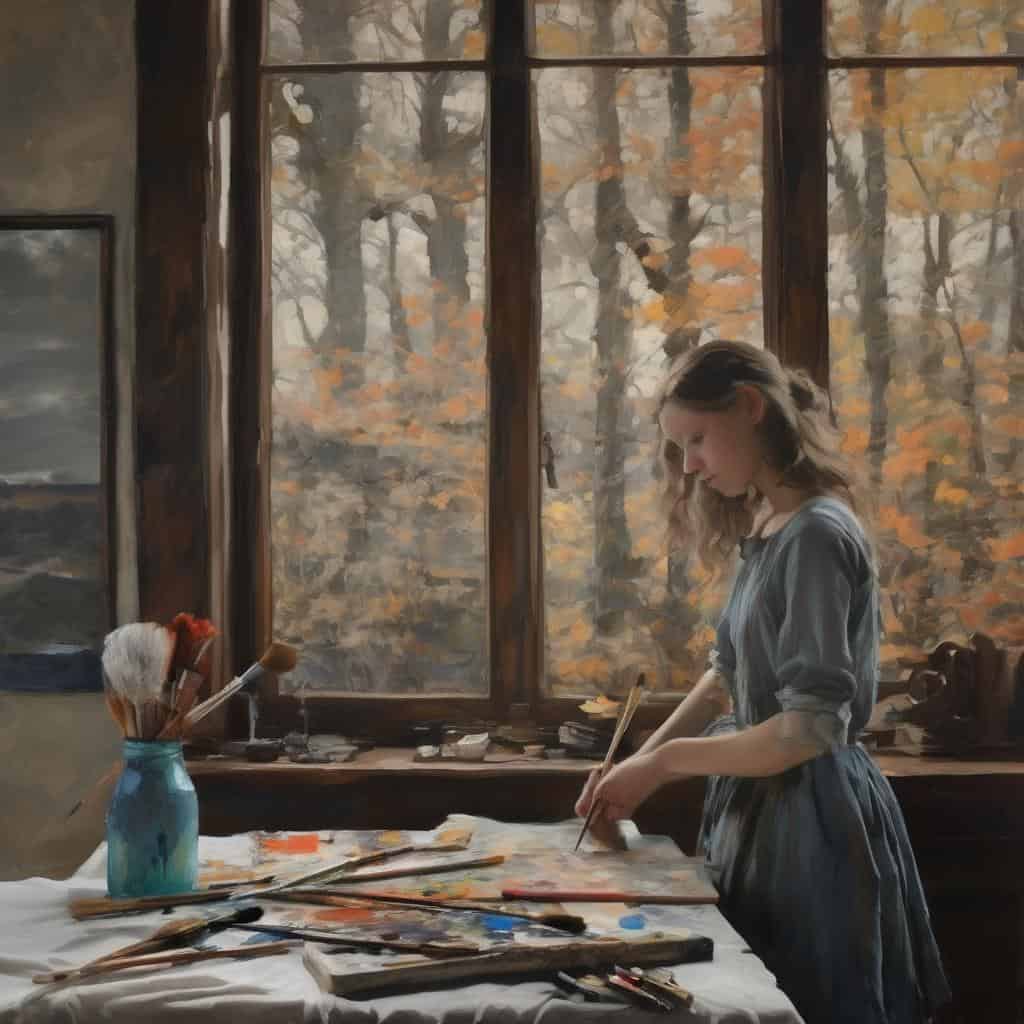 Ζωγράφος σε στούντιο με πίνακες και εργαλεία, με φόντο παράθυρο που δείχνει φθινοπωρινά δέντρα, αποτυπώνοντας την τέχνη της αναγέννησης μέχρι τη σύγχρονη τέχνη.