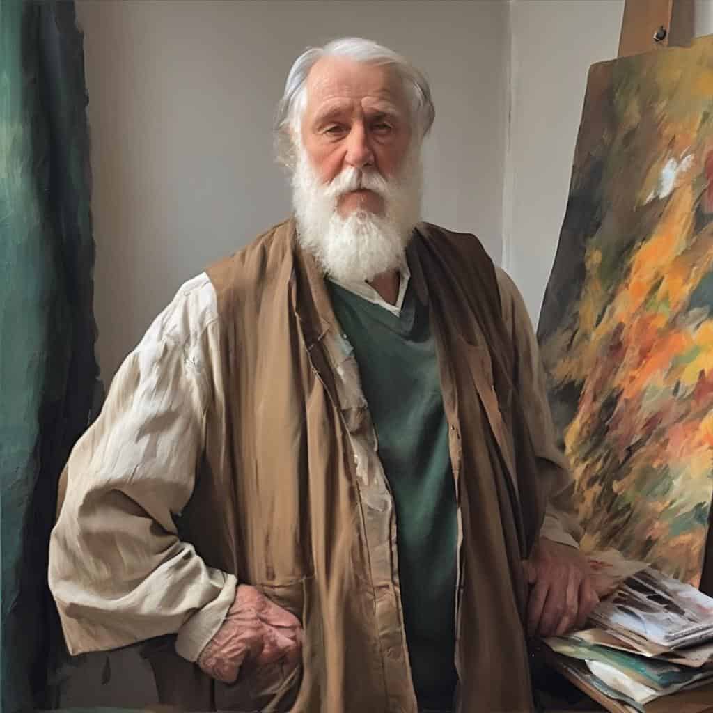 Ανδρας ηλικιωμένος καβαλάρης και καλλιτέχνης στον χώρο τέχνης, περιτριγυρισμένος από πίνακες ζωγραφικής, δημιουργικός και εμπνευσμένος, δείχνει το πάθος του για τη σύγχρονη τέχνη, στη Θεσσαλονίκη.